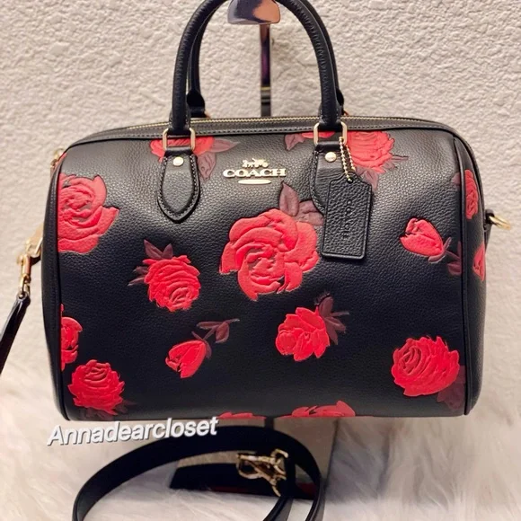 Coach Rowan Large Satchel Bag With Floral Print CCE27 in Black/Red - Picture 5 of 15